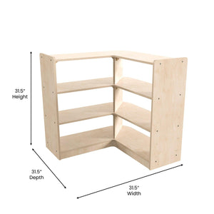 Bright Beginnings Commercial Grade 3 Tier Wooden Classroom Open Corner Storage Unit, Natural Finish