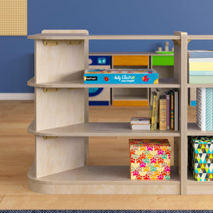 Bright Beginnings Commercial Grade 3 Tier Wooden Classroom Open Corner Storage Unit, Natural Finish