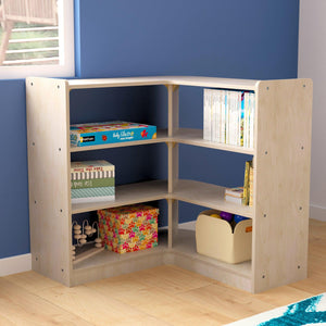 Bright Beginnings Commercial Grade 3 Tier Wooden Classroom Open Corner Storage Unit, Natural Finish