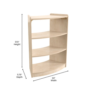 Bright Beginnings Commercial Grade Bow Front 3 Tier Wooden Classroom Open Corner Storage Unit, Natural Finish