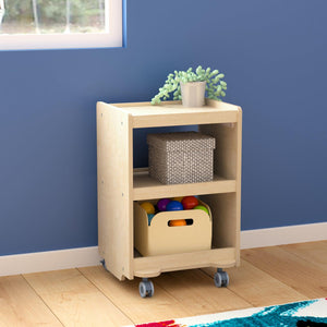 Bright Beginnings Commercial Grade Wooden Mobile Storage Cart with 3 Storage Tiers, Natural Finish