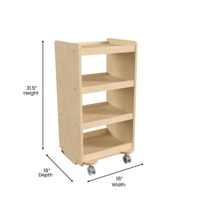 Bright Beginnings Commercial Grade Wooden Mobile Storage Cart with 4 Storage Tiers, Natural Finish