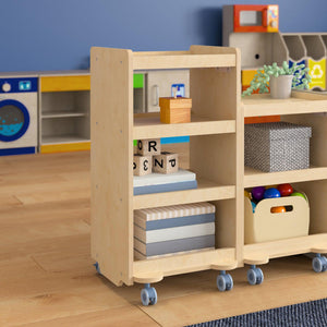 Bright Beginnings Commercial Grade Wooden Mobile Storage Cart with 4 Storage Tiers, Natural Finish