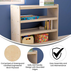 Bright Beginnings Commercial Grade Space Saving 4 Shelf Wooden Mobile Classroom Storage Cart, Natural Finish