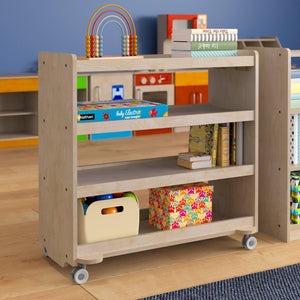 Bright Beginnings Commercial Grade Space Saving 4 Shelf Wooden Mobile Classroom Storage Cart, Natural Finish