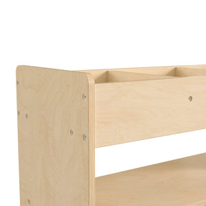 Bright Beginnings Commercial Grade Wooden Mobile Storage Cart with 3 Top Storage Cubbies and 2 Lower Shelves, Natural Finish