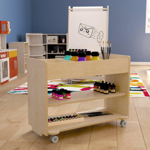 Bright Beginnings Commercial Grade Wooden Mobile Storage Cart with 3 Top Storage Cubbies and 2 Lower Shelves, Natural Finish