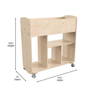 Bright Beginnings Commercial Grade Double Sided Space Saving Wooden Mobile Storage Cart with 10 Storage Compartments, Natural Finish