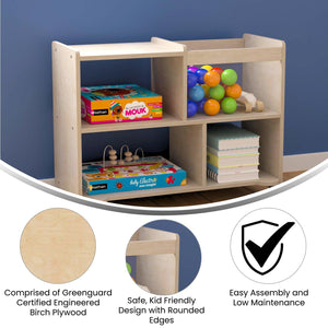 Bright Beginnings Commercial Grade Double Sided Space Saving Wooden Mobile Storage Cart with 4 Compartments, 1 Clear Bin, Lower Shelf, Natural Finish