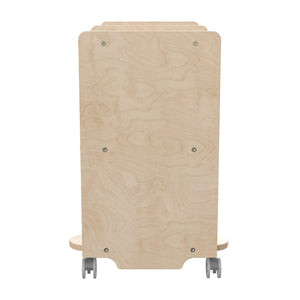 Bright Beginnings Commercial Grade Double Sided Space Saving Wooden Mobile Storage Cart with 4 Compartments, 1 Clear Bin, Lower Shelf, Natural Finish