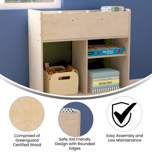 Bright Beginnings Commercial Grade Double Sided Space Saving Wooden Mobile Storage Cart with Clear Back and 6 Storage Compartments, Natural Finish