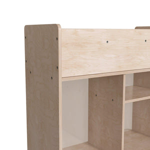 Bright Beginnings Commercial Grade Double Sided Space Saving Wooden Mobile Storage Cart with Clear Back and 6 Storage Compartments, Natural Finish
