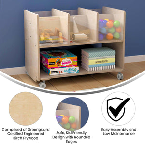 Bright Beginnings Commercial Grade Double Sided Space Saving Wooden Mobile Storage Cart with 6 Clear Storage Bins and Lower Shelf, Natural Finish