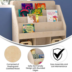 Bright Beginnings Commercial Grade Modular Wooden Classroom 4 Tier Bookstand with 3 Storage Compartments, Natural Finish