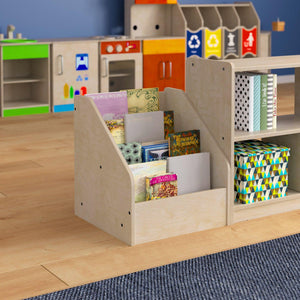 Bright Beginnings Commercial Grade Modular Wooden Classroom 4 Tier Book Display Shelf, Natural Finish