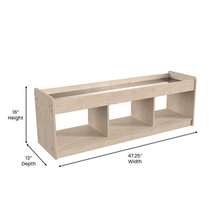 Bright Beginnings Commercial Grade Modular Wooden Classroom 2 Sided, 3 Section, Open Storage Unit with Mirrored Top and Raised Upper Edges, Natural Finish