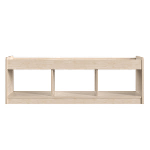 Bright Beginnings Commercial Grade Modular Wooden Classroom 2 Sided, 3 Section, Open Storage Unit with Mirrored Top and Raised Upper Edges, Natural Finish