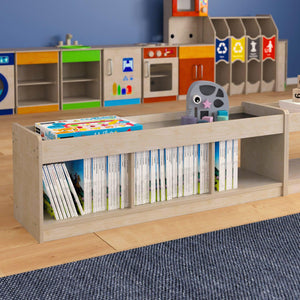 Bright Beginnings Commercial Grade Modular Wooden Classroom 2 Sided, 3 Section, Open Storage Unit with Mirrored Top and Raised Upper Edges, Natural Finish