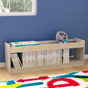 Bright Beginnings Commercial Grade Modular Wooden Classroom 2 Sided, 3 Section, Open Storage Unit with Mirrored Top and Raised Upper Edges, Natural Finish