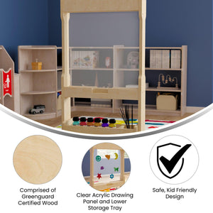 Bright Beginnings Commercial Grade Double Sided Wooden Free-Standing STEAM Easel, Storage Tray, Acrylic Paint Window, Holds Two Accessory Panels, Natural Finish