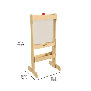Bright Beginnings Commercial Grade Double Sided Wooden Free-Standing STEAM Easel, Storage Tray, Acrylic Paint Window, Holds Two Accessory Panels, Natural Finish