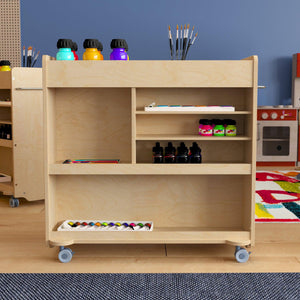 Bright Beginnings Commercial Grade Wooden Mobile Storage Cart with 4 Top Storage Compartments and 5 Cubbies