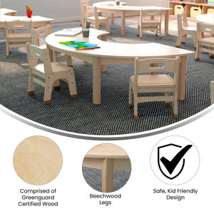 Bright Beginnings Commercial Grade Wooden Half Circle Preschool Classroom Activity Table, 29.5"W x 59"D x 14.5"H, Beech