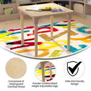 Bright Beginnings 24" Square Commercial Grade Wooden Adjustable Height Classroom Activity Table, 15"H - 23"H, Beech