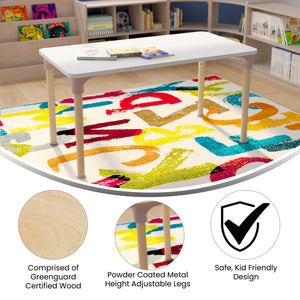 Bright Beginnings 23.5" x 47" Commercial Grade Wooden Rectangle Adjustable Height Classroom Activity Table, 15"H - 23"H, Beech/White