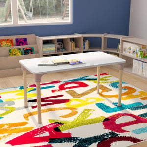 Bright Beginnings 23.5" x 47" Commercial Grade Wooden Rectangle Adjustable Height Classroom Activity Table, 15"H - 23"H, Beech/White