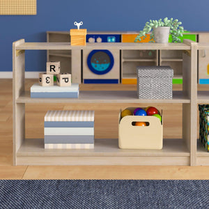 Bright Beginnings Commercial Grade Extra Wide 2 Shelf Wooden Classroom Open Storage Unit, Natural Finish