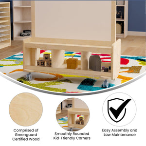 Bright Beginnings Commercial Grade Wooden Mobile Dual Sided 2 Person Art Station with Bottom Cubby Storage, Natural Finish