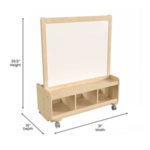 Bright Beginnings Commercial Grade Wooden Mobile Dual Sided 2 Person Art Station with Bottom Cubby Storage, Natural Finish