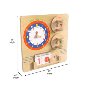 Bright Beginnings Commercial Grade STEAM Wall Activity Board with Natural Finish and Multicolor Accents, Telling Time