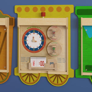 Bright Beginnings Commercial Grade STEAM Wall Activity Board with Natural Finish and Multicolor Accents, Telling Time