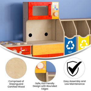 Bright Beginnings Commercial Grade Wooden Children's Kitchen Cabinet with Microwave