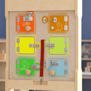 Bright Beginnings Commercial Grade STEAM Wall Activity Board with Natural Finish and Multicolor Accents, Locks and Buckles