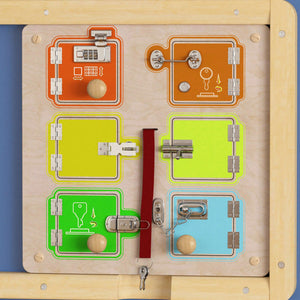 Bright Beginnings Commercial Grade STEAM Wall Activity Board with Natural Finish and Multicolor Accents, Locks and Buckles