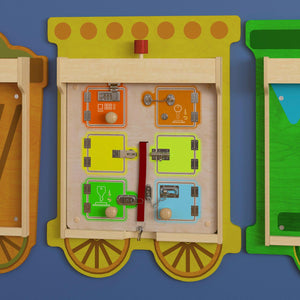 Bright Beginnings Commercial Grade STEAM Wall Activity Board with Natural Finish and Multicolor Accents, Locks and Buckles