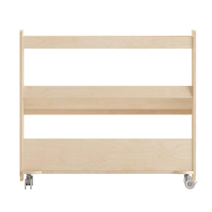 Bright Beginnings Commercial Space Saving Wooden Mobile Classroom Storage Cart with 3 Angled Shelves, Natural Finish