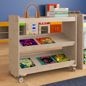 Bright Beginnings Commercial Space Saving Wooden Mobile Classroom Storage Cart with 3 Angled Shelves, Natural Finish
