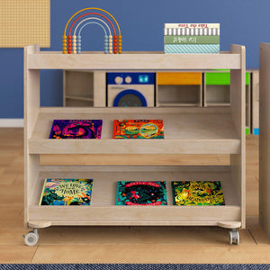 Bright Beginnings Commercial Space Saving Wooden Mobile Classroom Storage Cart with 3 Angled Shelves, Natural Finish