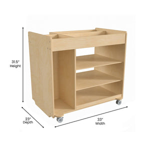 Bright Beginnings Commercial Grade Wooden Mobile Storage Cart with Space Saving Vertical and Horizontal Storage Compartments, Natural Finish