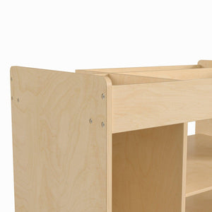 Bright Beginnings Commercial Grade Wooden Mobile Storage Cart with Space Saving Vertical and Horizontal Storage Compartments, Natural Finish