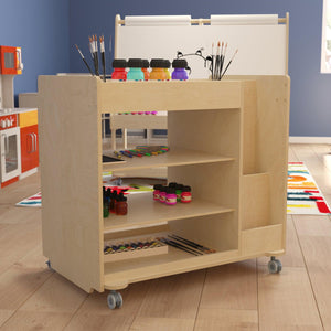 Bright Beginnings Commercial Grade Wooden Mobile Storage Cart with Space Saving Vertical and Horizontal Storage Compartments, Natural Finish