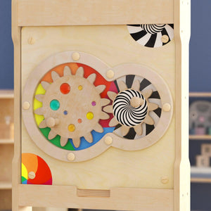 Bright Beginnings Commercial Grade STEAM Wall Activity Board with Natural Finish and Multicolor Accents, Turning Gears