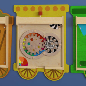 Bright Beginnings Commercial Grade STEAM Wall Activity Board with Natural Finish and Multicolor Accents, Turning Gears