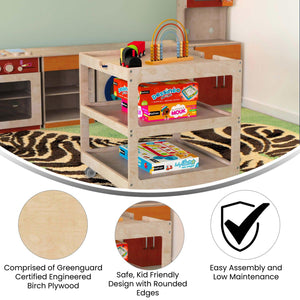 Bright Beginnings Commercial Grade 3 Shelf Square Space Saving Wooden Mobile Classroom Storage Cart, Natural Finish