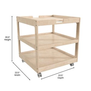 Bright Beginnings Commercial Grade 3 Shelf Square Space Saving Wooden Mobile Classroom Storage Cart, Natural Finish