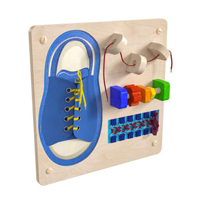 Bright Beginnings Commercial Grade STEAM Wall Activity Board with Natural Finish and Multicolor Accents, Tie It-Turn It